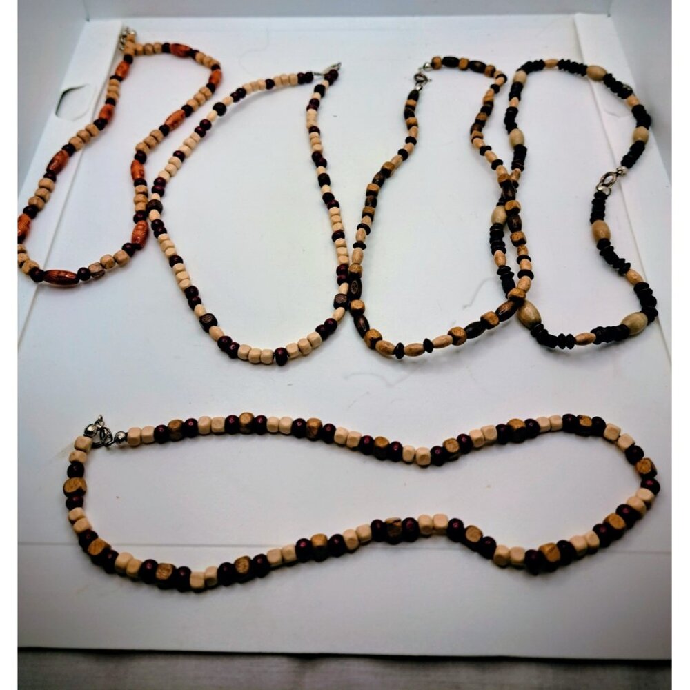 Lot of 5 Mixed Assorted Wood Bead Necklaces Crafts Repurpose Brown‎ Tan Beige